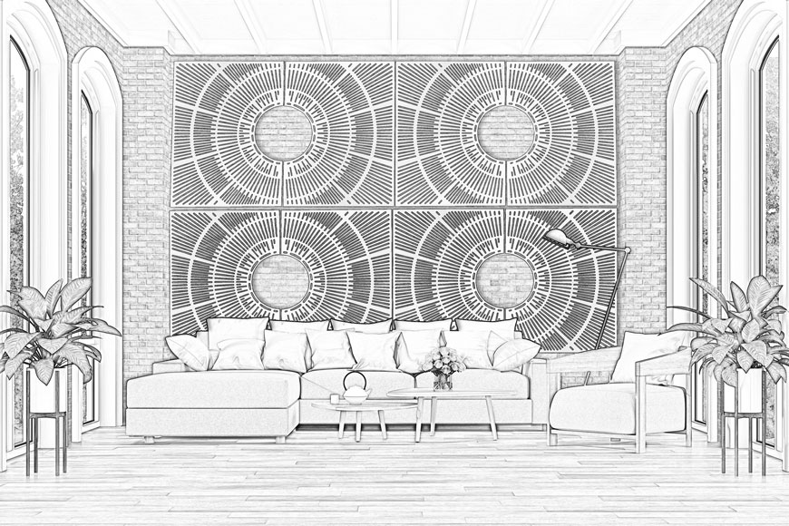 用铸铁板装饰一堵砖墙，勾勒出一幅客厅的黑白素描