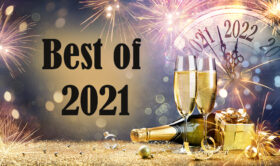 一个新年前夜的概念，有香槟酒杯和一个从2021年到2022年的时钟。