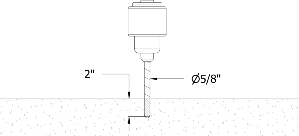 钻孔的图表用5/8英寸直径和2英寸深度钻孔