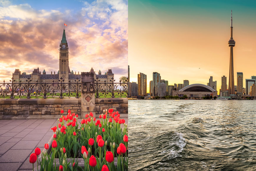 旁边是多伦多天际线、加拿大国家电视塔和渥太华议会大厦的照片