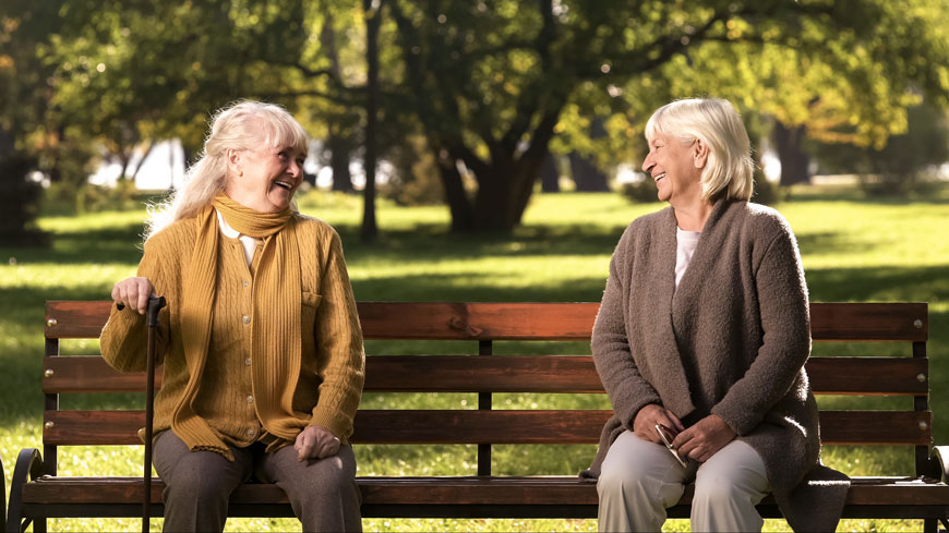 两位上了年纪的朋友，一个拄着拐杖，坐在公园里有扶手和高靠背的长凳上。