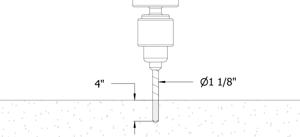 图中显示钻头进入水泥，深度控制在4英寸和1-1/8英寸直径