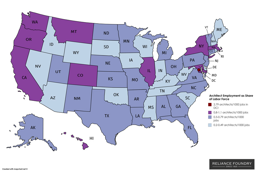 美国地图显示WA, OR, CA, MT, CO, IL, NY, MA, MD, HI和DC每1000个工人中最多的建筑师