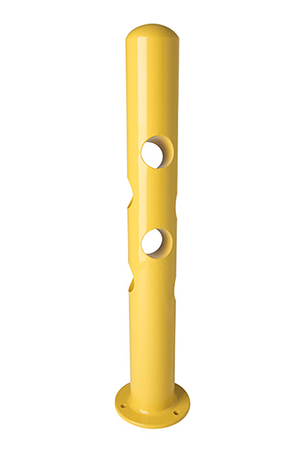 白色背景上有一根高高的黄色自行车系柱，上面有小孔用来锁住
