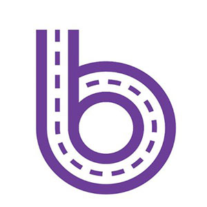 一个带有虚线的弯曲紫色道路的绘图中心，中心创造了一个小字母b