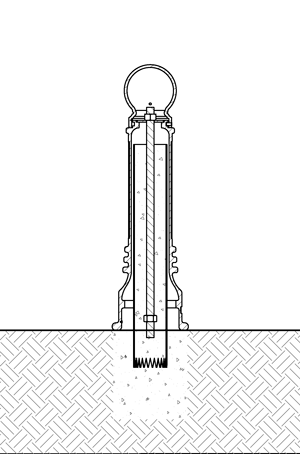 显示使用螺纹杆固定在管船柱上的金属装饰系柱盖子