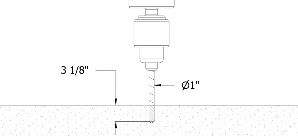 图中显示钻头进入水泥，深度控制在3-1/8英寸，直径为1英寸