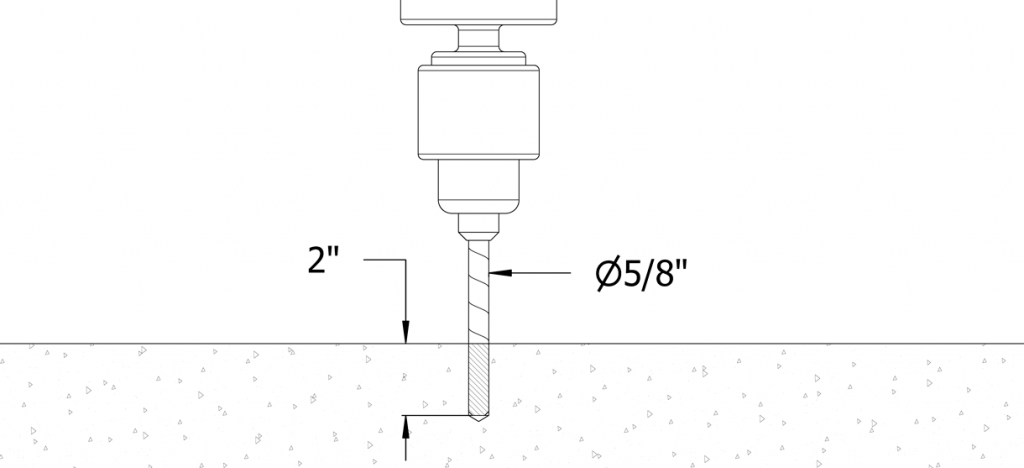 图示:钻头在水泥中钻孔，深度控制在直径2英寸和5/8英寸
