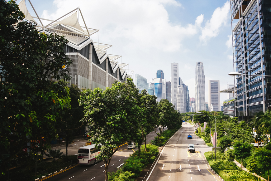 一个拥有大型建筑的绿色、清洁的未来城市的形象