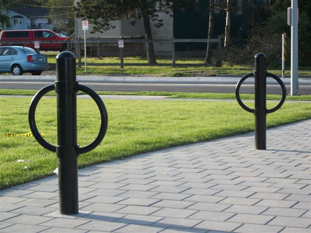 在草坪旁的人行道上，有两个黑色的户外自行车架，它们是柱状和环形的