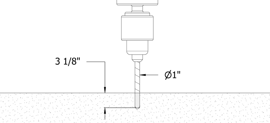 图示钻孔机正在挖一个深度为3-1/8英寸，直径为1英寸的洞