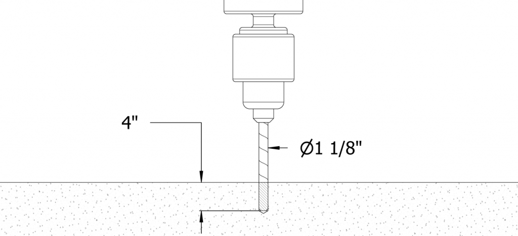 图示用钻头钻出直径为1-1/8英寸、深度为4英寸的孔