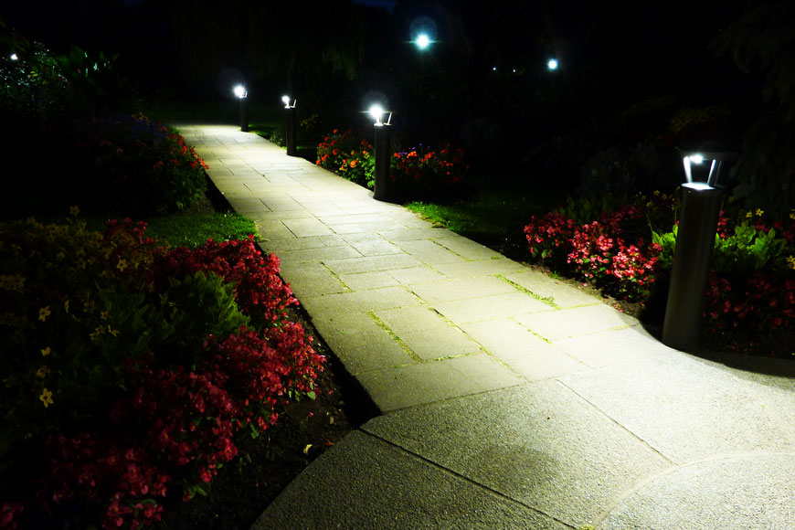 夜晚，太阳能照明柱照亮了一条鲜花环绕的小路