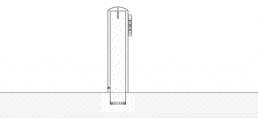 图中显示系缆桩盖的顶部悬挂器部分被推入洞中，并在系缆桩盖的一侧保持水平