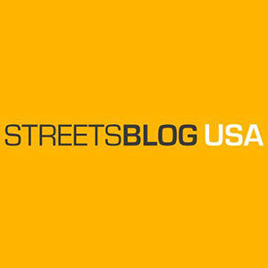 一个黄色备份的徽标，名称Streetsblog美国