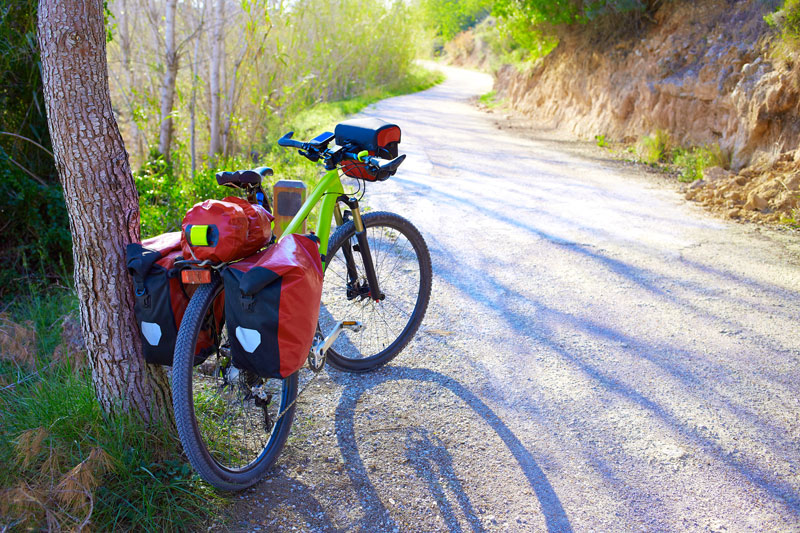 一辆带有pan架的游览自行车在森林自行车道上