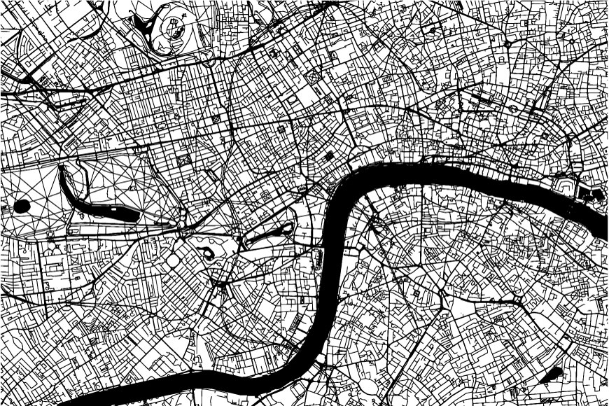 伦敦英国的黑白地图显示泰晤士河和道路的沃伦