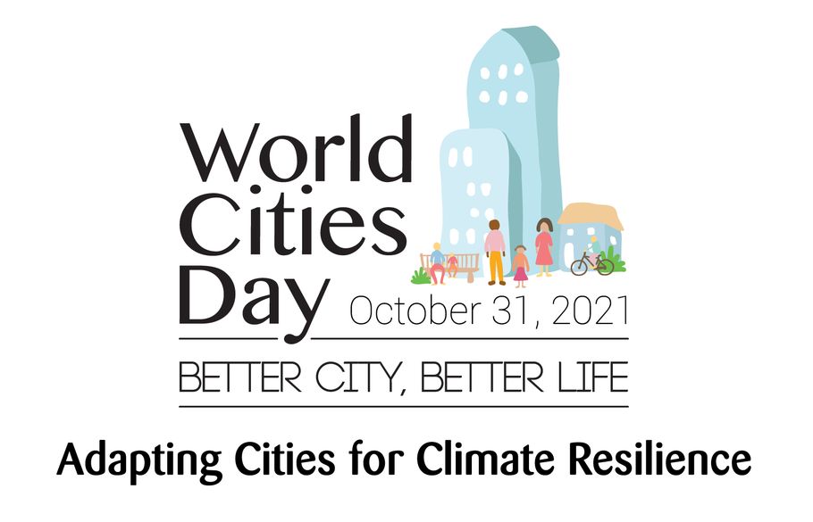 世界城市日标志，具有与建筑物和人民混合的水彩